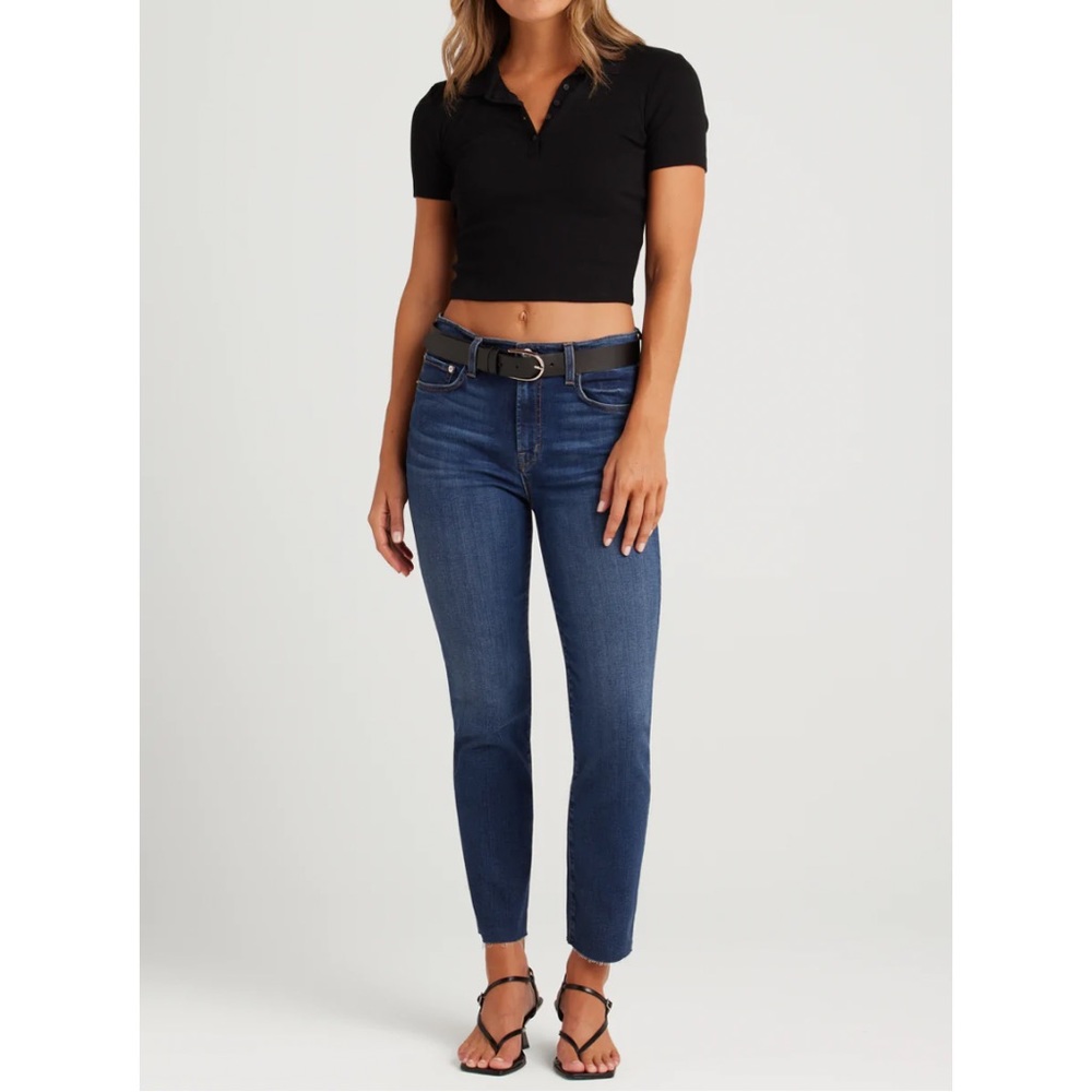 NWOT Edwin Bree in Deja Blue Denim Jean Slim Straight Crop Medium Wash Raw Hem